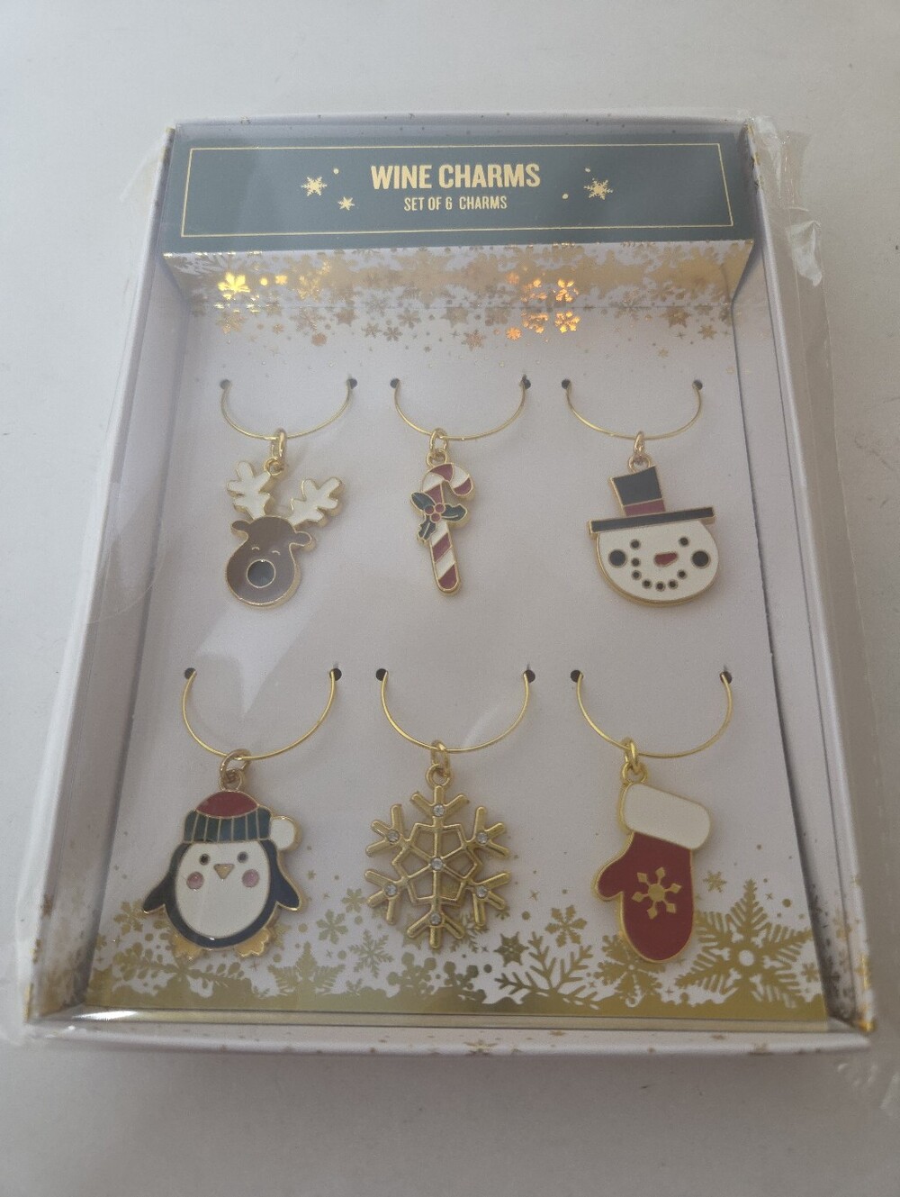 Holiday Enamel Gold Tone Wine Charms Set Of 6 New In Box